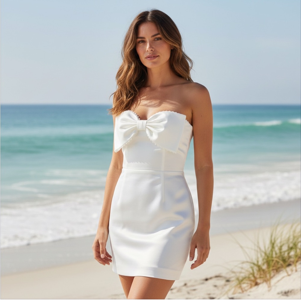 Alfred Sung D866 Imitation Pearl Bow Detail Strapless Cocktail Mini Dress 12 NWT